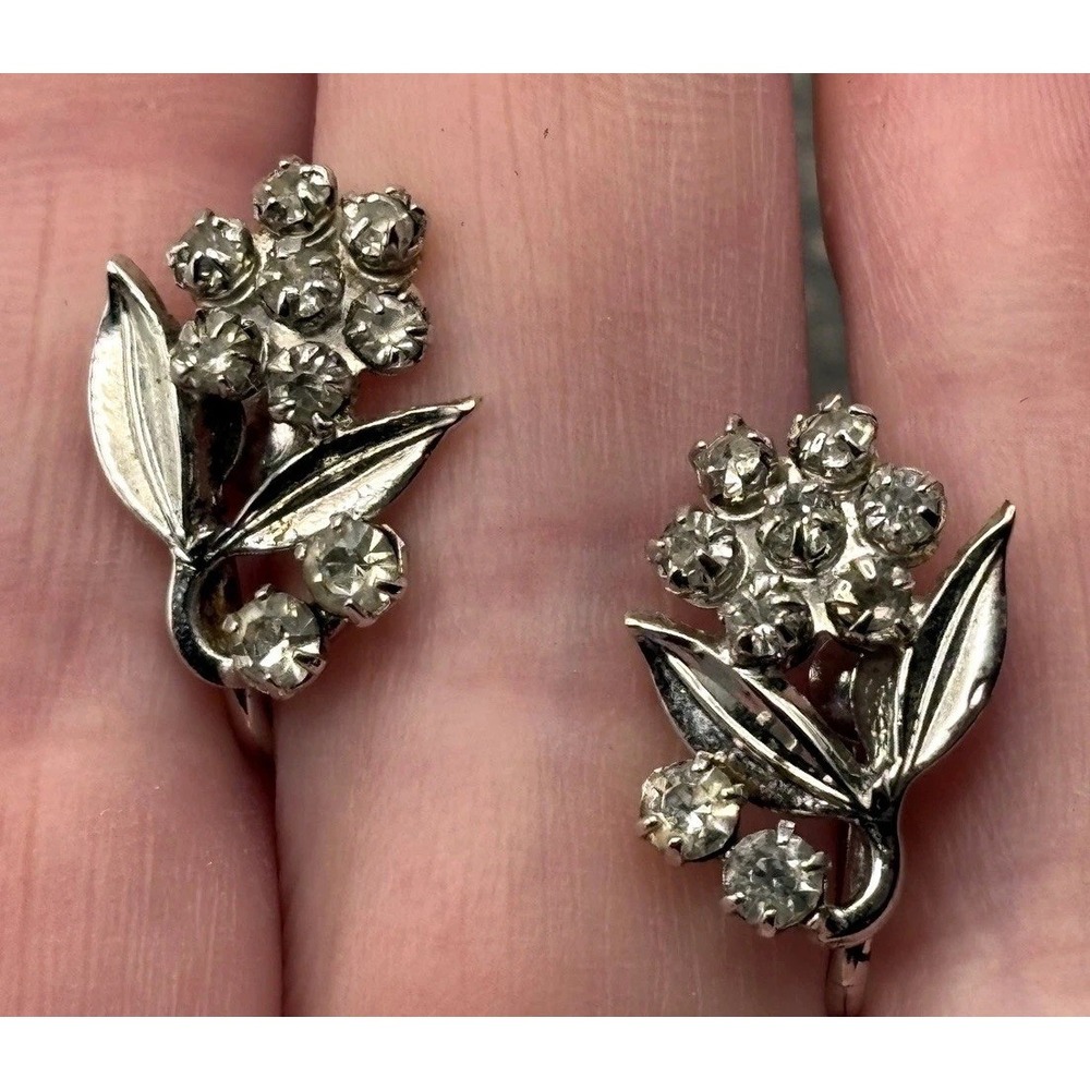 Vintage VTG Sterling Silver 925 Rhinestone Flower Cluster Earrings Screw Back